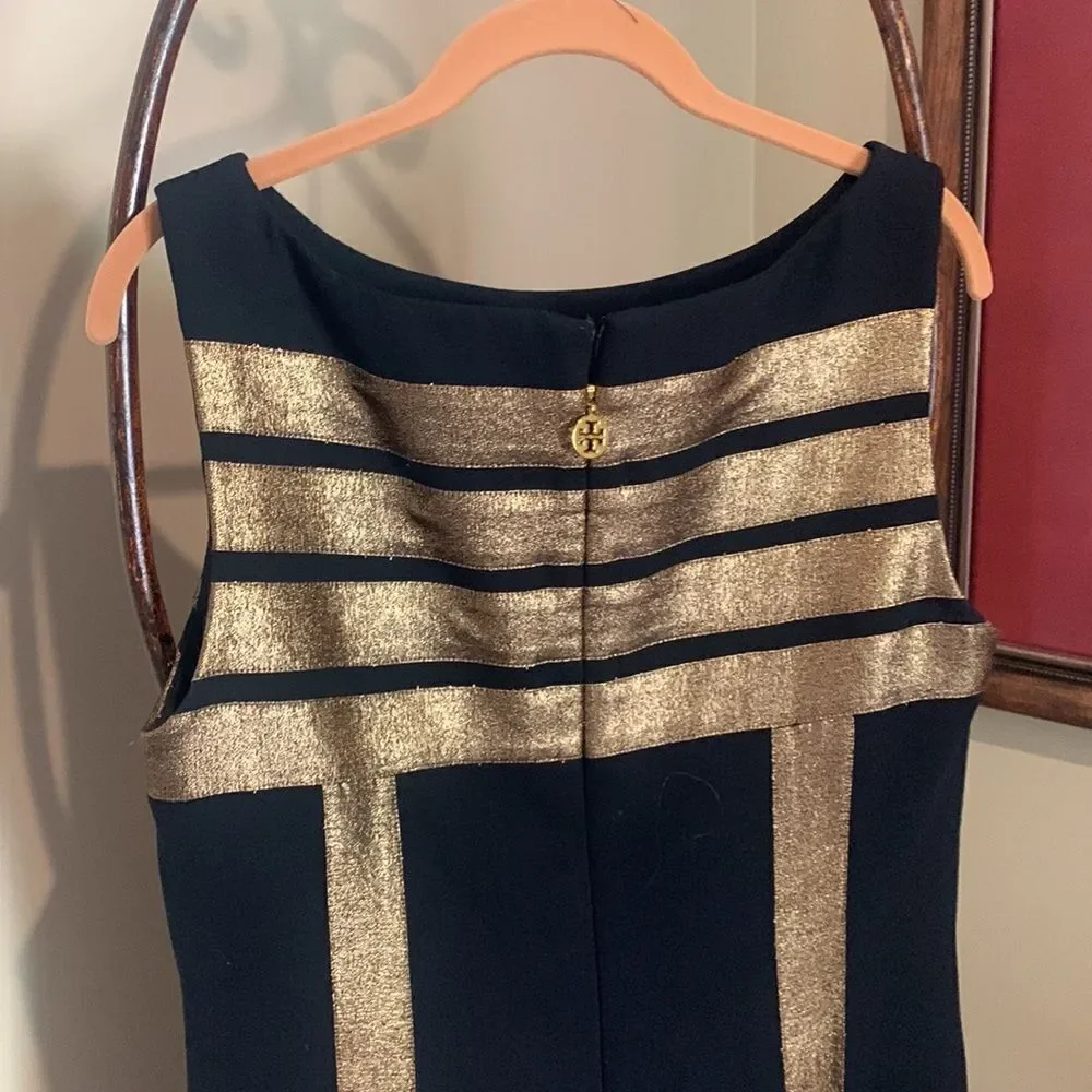 Tory Burch Black and Gold Striped Midi Dress